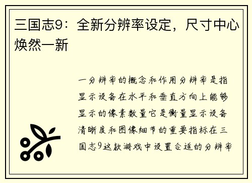 三国志9：全新分辨率设定，尺寸中心焕然一新